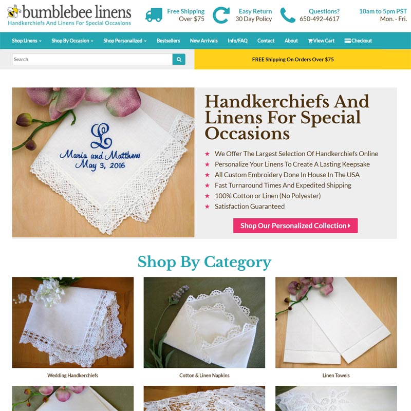 Bumblebee Linens online store selling personalized handkerchiefs