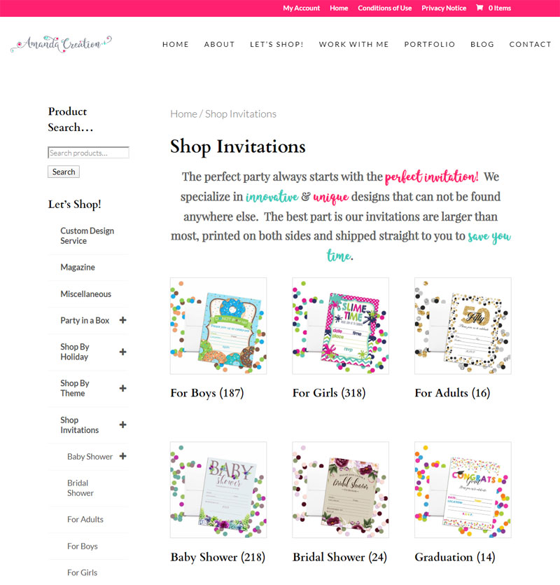 Amanda Creation online store selling invitations and party supplies