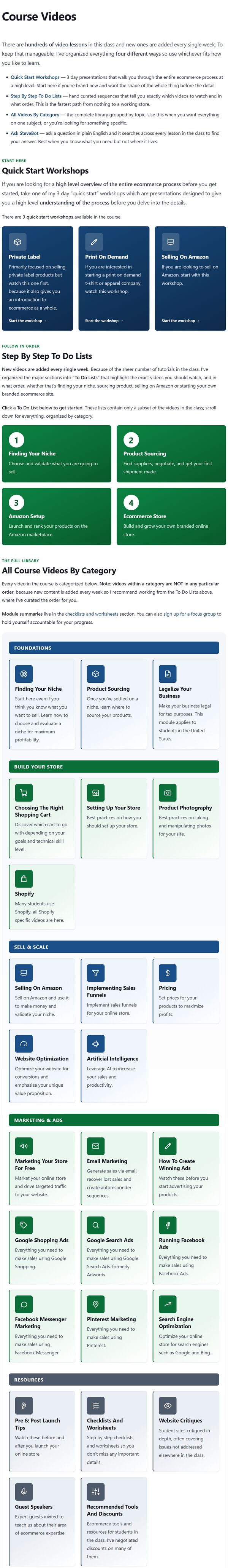 A scroll through the course library, showing lesson categories grouped into sections such as Foundations and Build Your Store