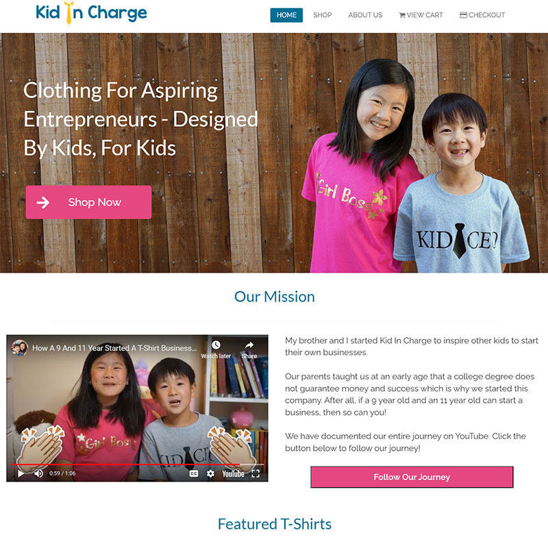 Kid In Charge online store selling entrepreneurship t-shirts for kids