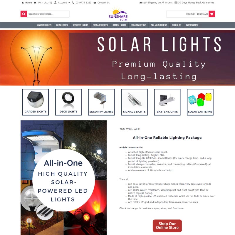 Sunshare Solar online store selling solar lights in Australia